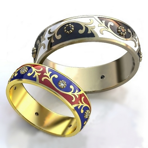 Обручальные кольца с эмалью и бриллиантами. YJ-595, золото 585 пробы, 5.5гр. - купить в Москве, цены в интернет-магазине
